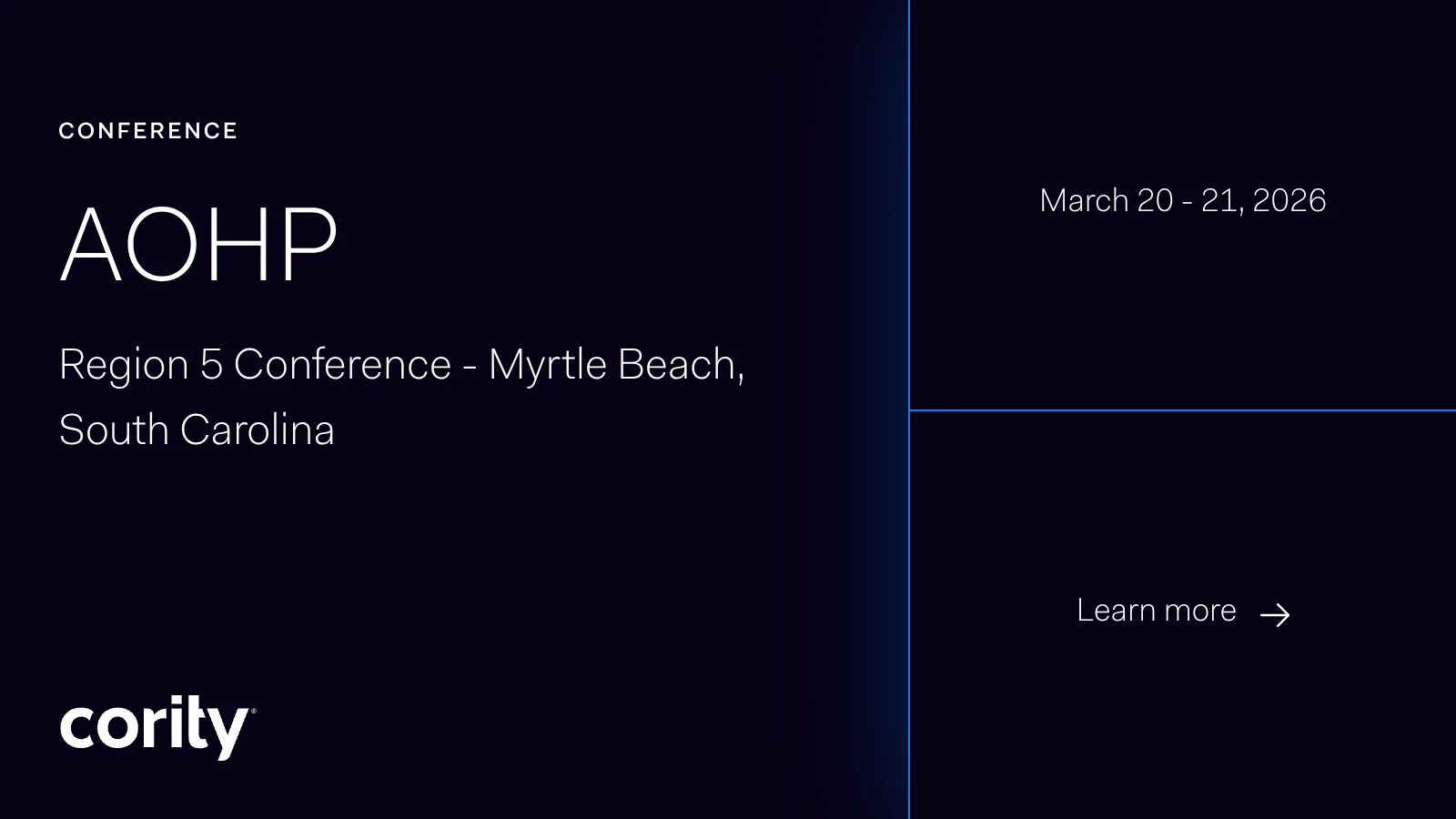 Dark-themed promotional graphic for the AOHP Region 5 Conference in Myrtle Beach, South Carolina, highlighting EHS and Cority software. Event dates: March 20-21, 2026. The Learn more prompt and Cority logo are visible at the bottom.