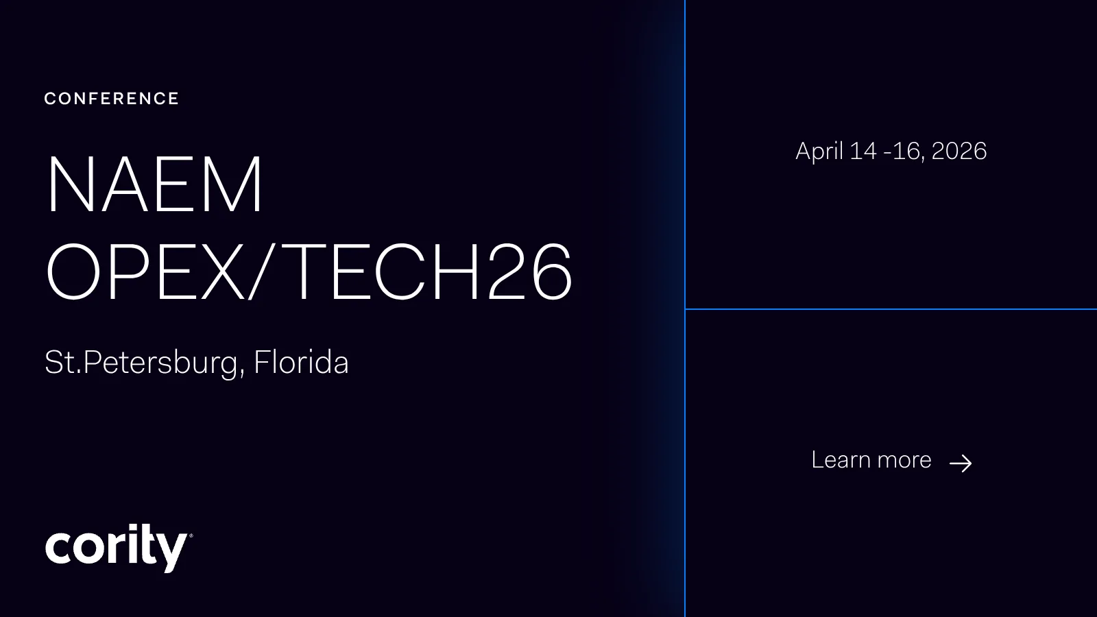 Dark-themed conference announcement for NAEM OPEX/TECH26 in St. Petersburg, Florida. Discover the latest in EHS software with Cority on April 14-16, 2026. Learn more—Cority features on the image.