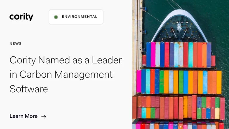 Aerial view of a cargo ship loaded with colorful containers on water. Text on the left reads, Cority Named as a Leader in Carbon Management Software. An Environmental label appears above the text, highlighting Cority’s commitment.