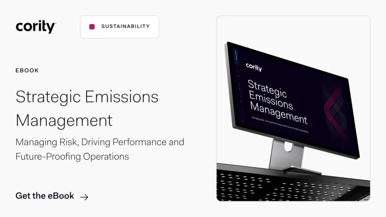A digital ad for Cority’s ebook, Strategic Emissions Management, features a computer monitor displaying the ebook cover and a Get the eBook button, highlighting sustainability and EHS software solutions.