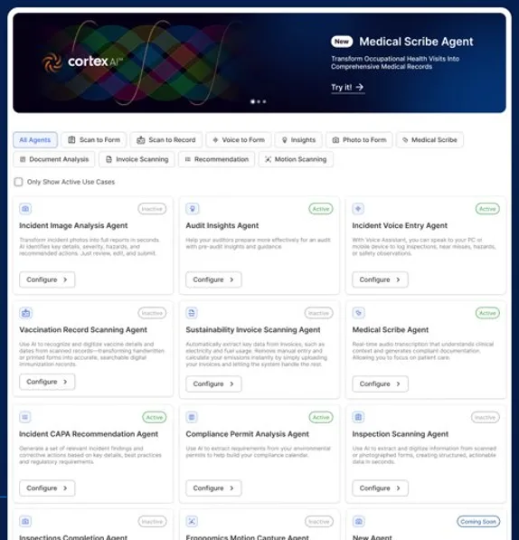 Cortex AI Control Center showing available AI agents for occupational health including Medical Scribe Agent, Vaccination Record Scanning Agent, and Audit Insights Agent.