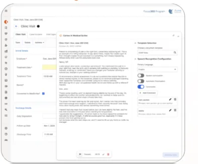 Cortex AI Medical Scribe Agent interface showing a clinic visit record with AI-generated clinical notes, speech recognition configuration, and document template selection.
