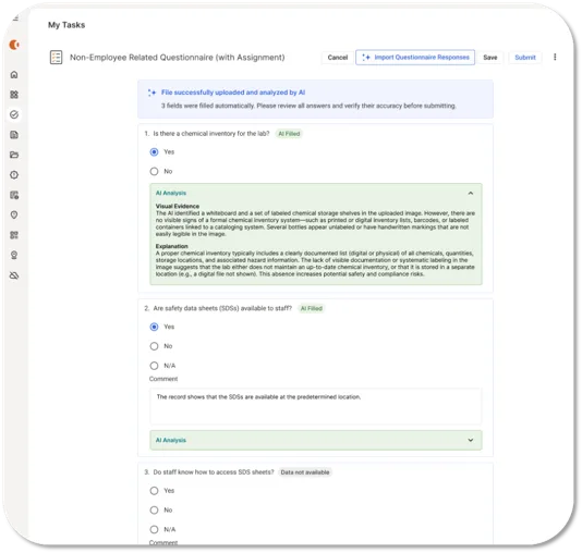 Cortex AI Questionnaire Scanning Agent showing a Chemical Safety Inspection form on a tablet with Import Completed Form and Inspect Facility options, alongside digitized inspection responses.