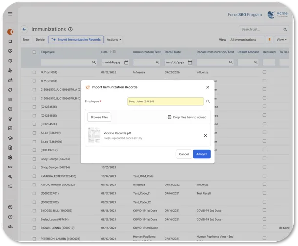 Cortex AI Vaccination Record Scanning Agent interface showing the Import Immunization Records dialog alongside a digital immunization records table with employee vaccination data.