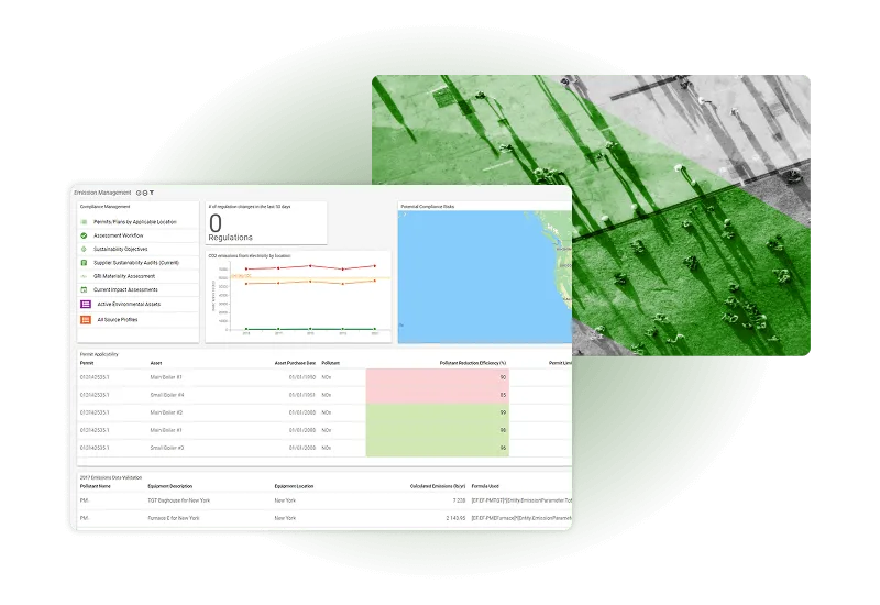 A UI screenshot of Cority's Environmental solution set provides a centralized emissions data management system that connects air emissions, GHG, waste, and water data across facilities — giving organizations the enterprise-wide visibility. 