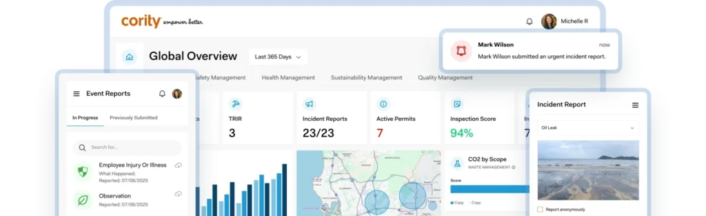 Cority EHS software dashboard showing TRIR, incident reports, active permits, and CO2 tracking in a global overview (voted as one of the best ehs software according to Verdantix reports)