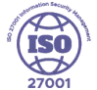 Blue ISO 27001 Information Security Management logo, featuring ISO in bold letters over a globe outline, with 27001 below.