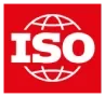 ISO logo: White letters ISO in bold on a red background, with a white outlined globe behind the text, representing the International Organization for Standardization.
