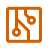 Orange icon resembling a simplified circuit board with lines and circular nodes inside a square border, symbolizing technology or electronics, on a light gray background.